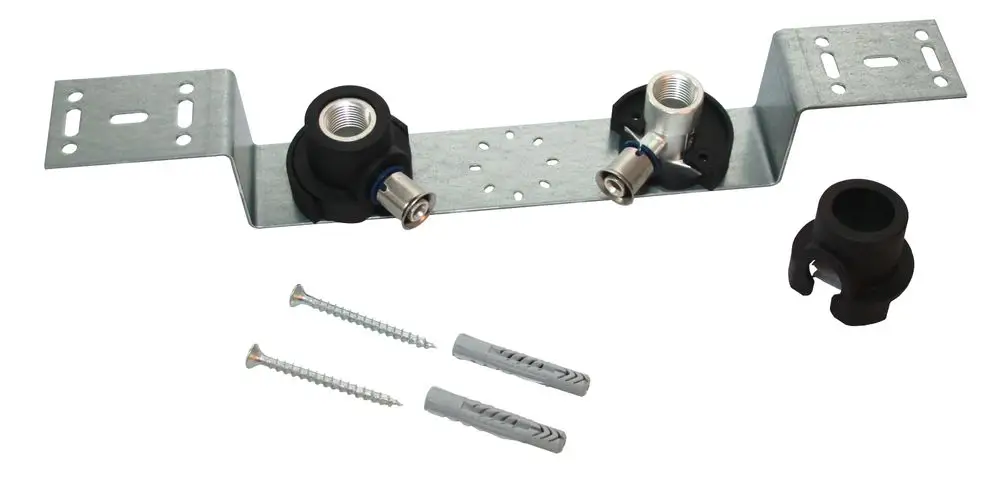 Wavin Halterung mit zwei Gelenken, Metallbasis und montierbaren Teilen, sowie Schrauben und Dübel für die Befestigung.